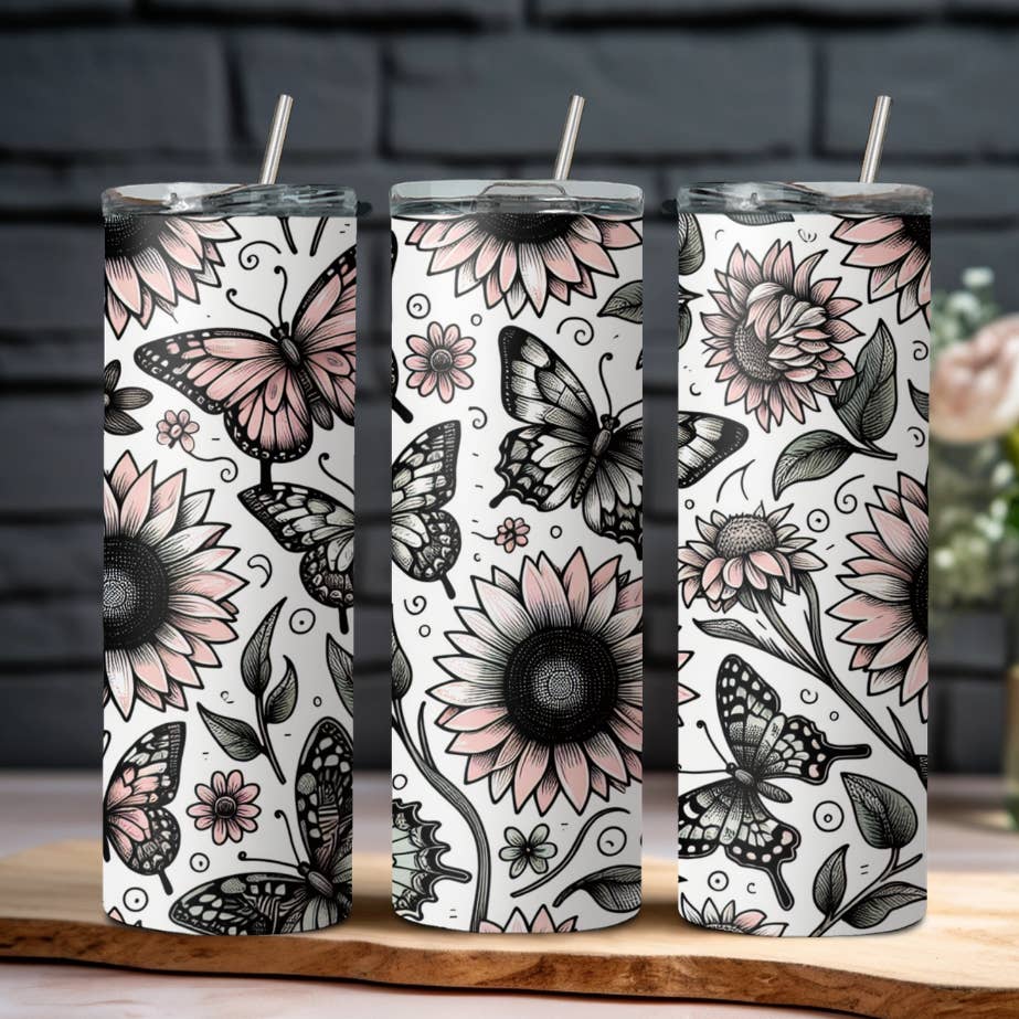Pink/Black Butterflies & Sunflowers 20oz Stainless Steel Tumbler