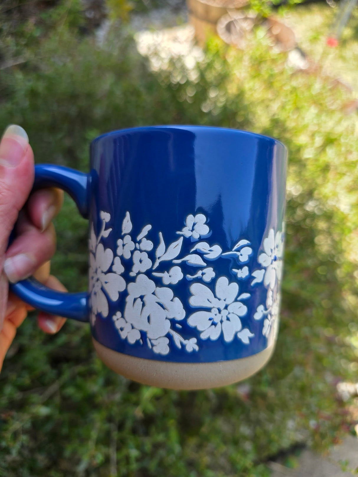 Blue Floral Stoneware Coffee Mug